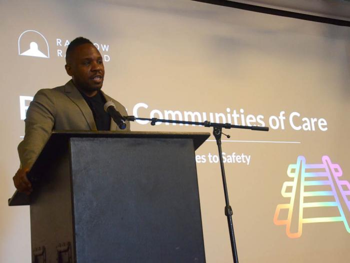 Rainbow Railroad Executive Director Kimahli Powell spoke about the organization's Welcome Corps program that is in partnership with the U.S. State Department during a May 16 presentation at the San Francisco LGBT Community Center. Photo: Rick Gerharter