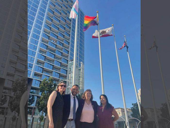 San Jose City Councilmember Omar Torres, second from left, joined other officials in raising the Progress Pride flag August 22. Photo: Courtesy Torres' Facebook page