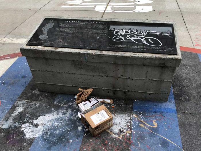 An image of May vandalism to the leather monument on Ringold Alley was sent to the Bay Area Reporter. Photo: Brian Bringardner